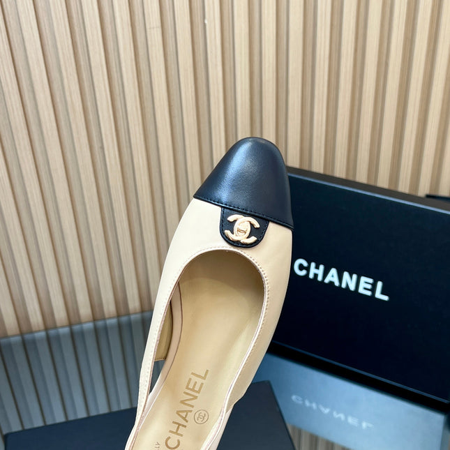CHANEL 25S SLINGBACK FLATS IN BEIGE CALFSKIN GOLD HARDWARE