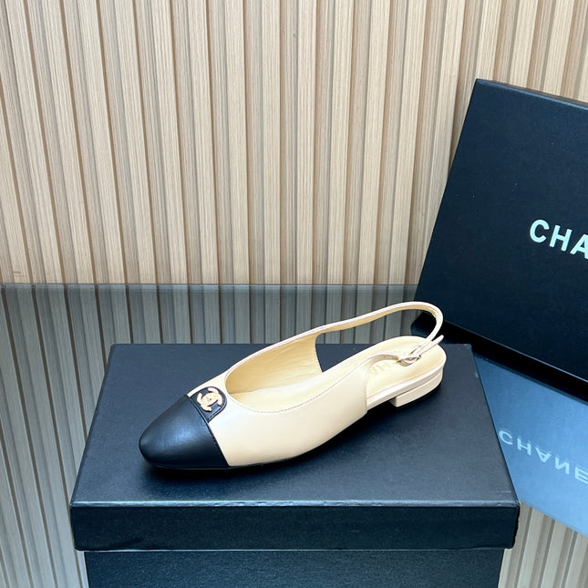 CHANEL 25S SLINGBACK FLATS IN BEIGE CALFSKIN GOLD HARDWARE