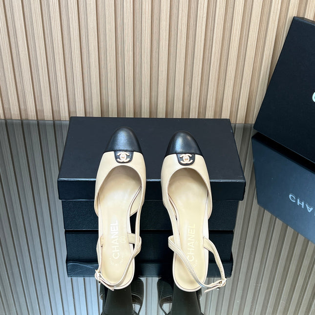 CHANEL 25S SLINGBACK FLATS IN BEIGE CALFSKIN GOLD HARDWARE
