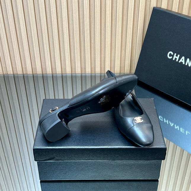 CHANEL 25S SLINGBACK SHOE 45MM IN BLACK CALFSKIN GOLD HARDWARE