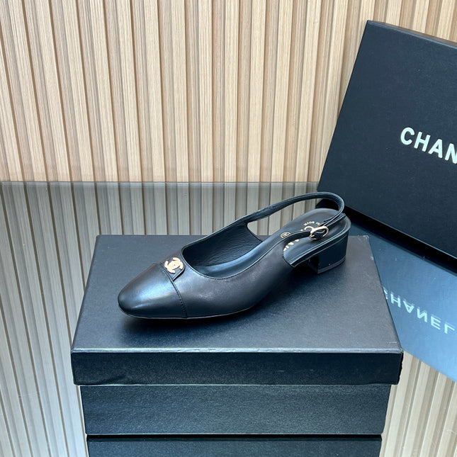 CHANEL 25S SLINGBACK SHOE 45MM IN BLACK CALFSKIN GOLD HARDWARE