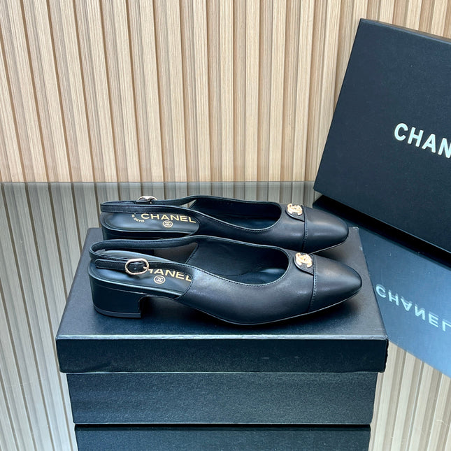 CHANEL 25S SLINGBACK SHOE 45MM IN BLACK CALFSKIN GOLD HARDWARE