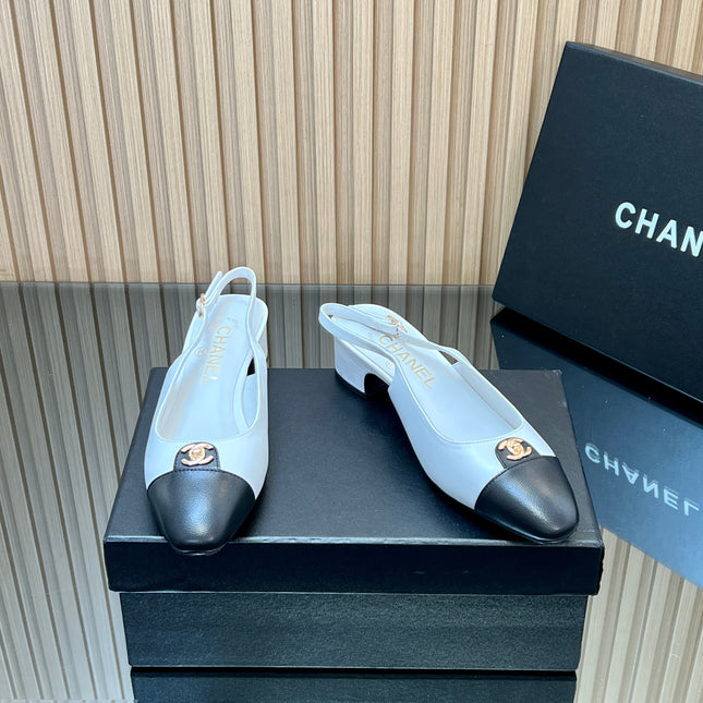 CHANEL 25S SLINGBACK SHOE 45MM IN WHITE CALFSKIN GOLD HARDWARE