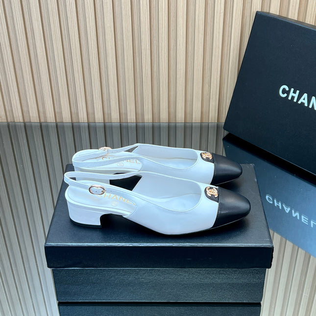 CHANEL 25S SLINGBACK SHOE 45MM IN WHITE CALFSKIN GOLD HARDWARE