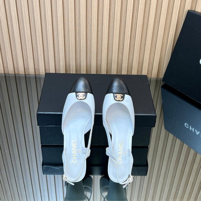 CHANEL 25S SLINGBACK SHOE 45MM IN WHITE CALFSKIN GOLD HARDWARE