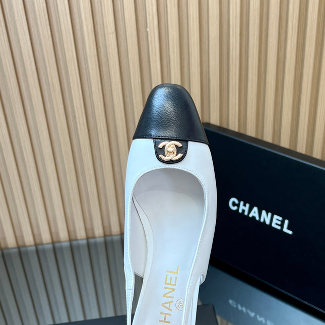 CHANEL 25S SLINGBACK SHOE 45MM IN WHITE CALFSKIN GOLD HARDWARE