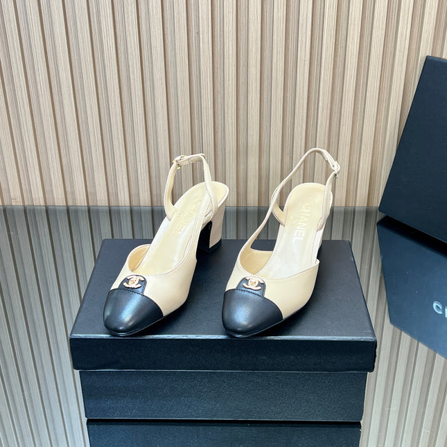 CHANEL 25S SLINGBACK SHOE LOGO 65MM IN BEIGE CALFSKIN GOLD HARDWARE
