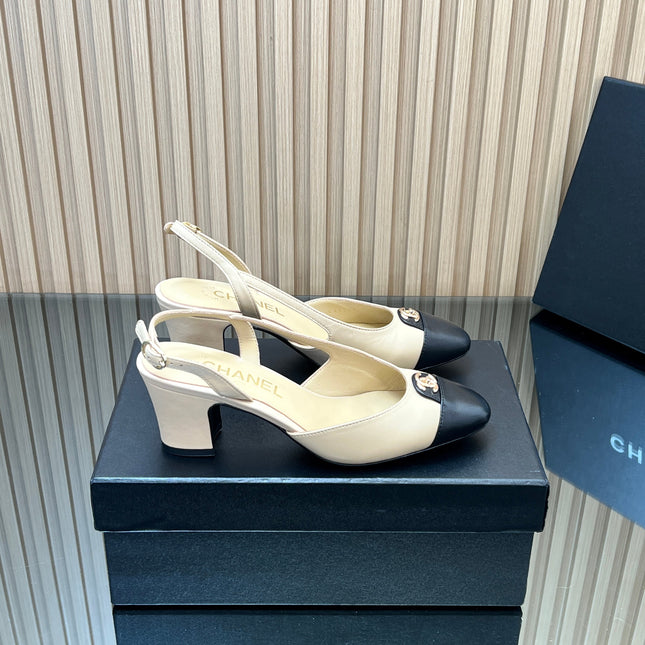 CHANEL 25S SLINGBACK SHOE LOGO 65MM IN BEIGE CALFSKIN GOLD HARDWARE