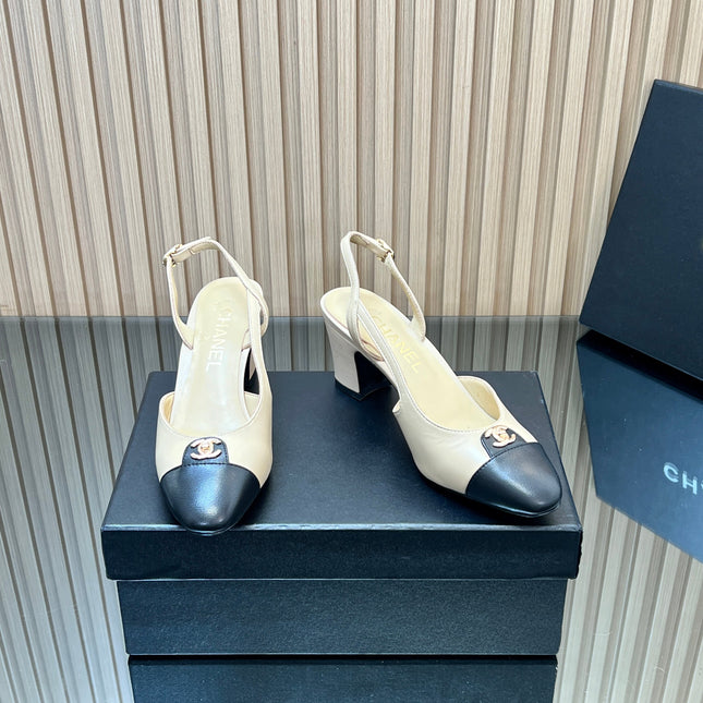 CHANEL 25S SLINGBACK SHOE LOGO 65MM IN BEIGE CALFSKIN GOLD HARDWARE