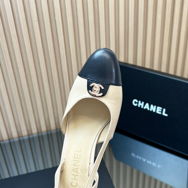 CHANEL 25S SLINGBACK SHOE LOGO 65MM IN BEIGE CALFSKIN GOLD HARDWARE