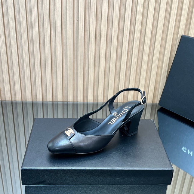 CHANEL 25S SLINGBACK SHOE LOGO 65MM IN BLACK CALFSKIN GOLD HARDWARE