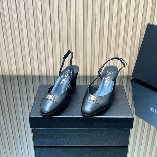 CHANEL 25S SLINGBACK SHOE LOGO 65MM IN BLACK CALFSKIN GOLD HARDWARE