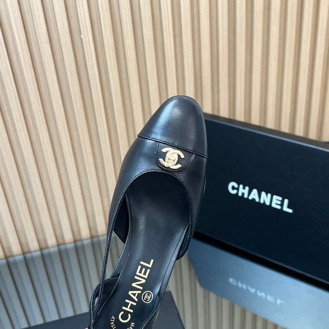 CHANEL 25S SLINGBACK SHOE LOGO 65MM IN BLACK CALFSKIN GOLD HARDWARE