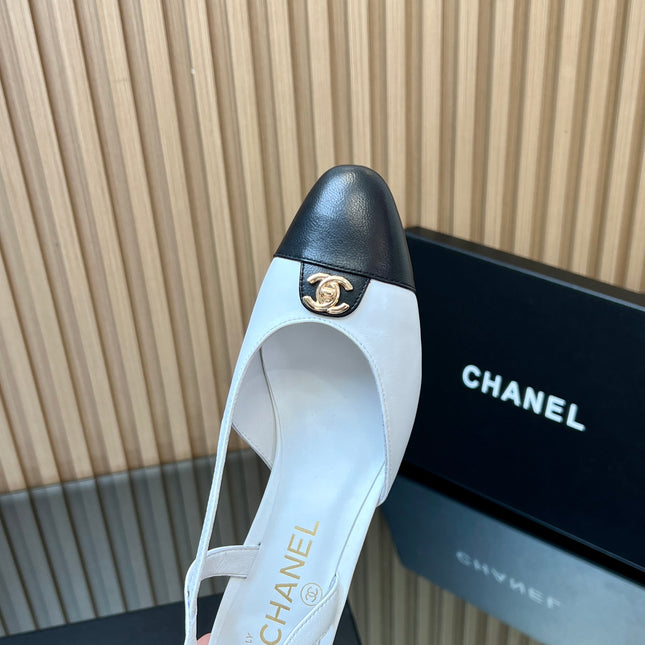 CHANEL 25S SLINGBACK SHOE LOGO 65MM IN WHITE CALFSKIN GOLD HARDWARE