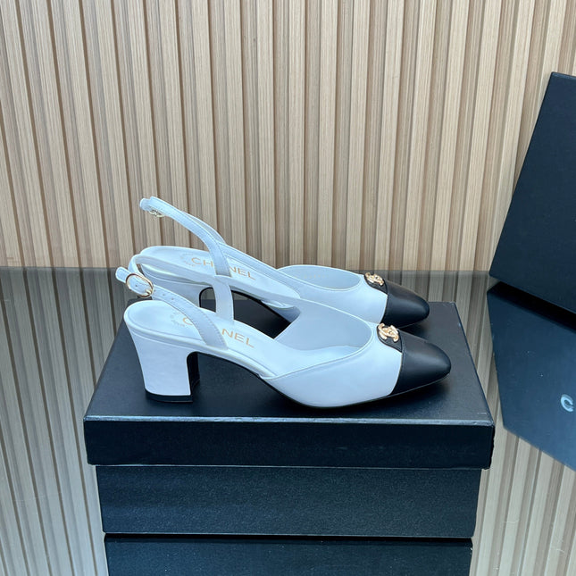 CHANEL 25S SLINGBACK SHOE LOGO 65MM IN WHITE CALFSKIN GOLD HARDWARE