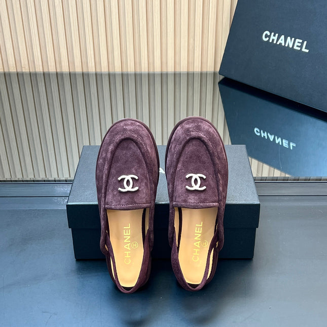 CHANEL 25S BACK STRAP MULE 15MM IN DARK PURPLE SUEDE SILVER HARDWARE