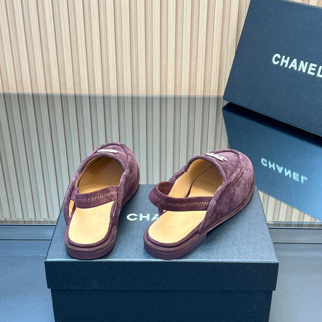 CHANEL 25S BACK STRAP MULE 15MM IN DARK PURPLE SUEDE SILVER HARDWARE
