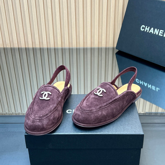 CHANEL 25S BACK STRAP MULE 15MM IN DARK PURPLE SUEDE SILVER HARDWARE