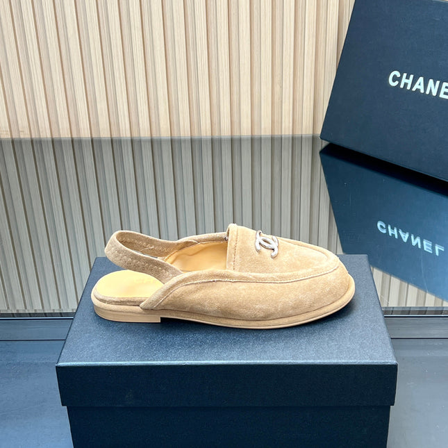 CHANEL 25S BACK STRAP MULE 15MM IN LIGHT BROWN SUEDE SILVER HARDWARE