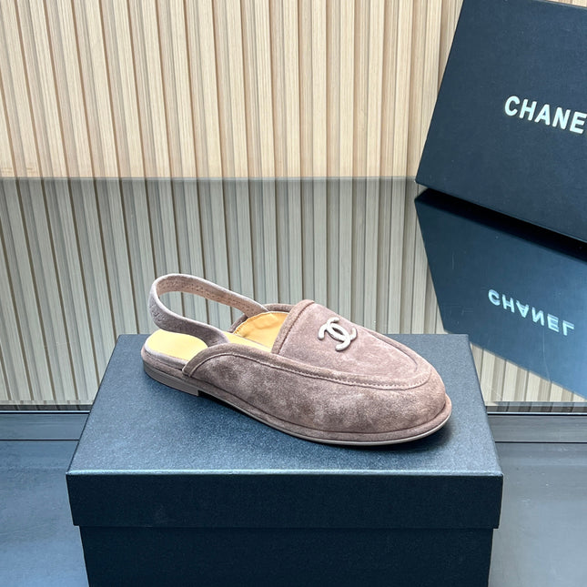 CHANEL 25S BACK STRAP MULE 15MM IN TAUPE GRAY SUEDE SILVER HARDWARE