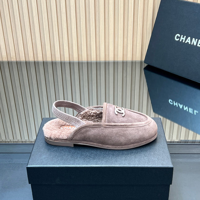 CHANEL 25S BACK STRAP MULE 15MM IN TAUPE GRAY SUEDE AND WOOL SILVER HARDWARE