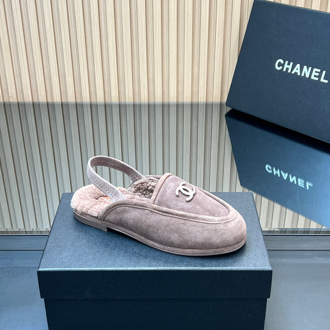 CHANEL 25S BACK STRAP MULE 15MM IN TAUPE GRAY SUEDE AND WOOL SILVER HARDWARE