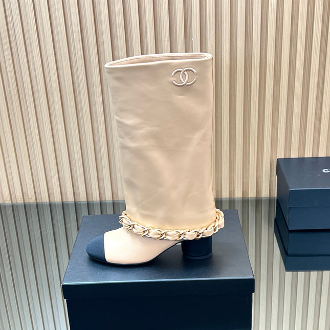 CHANEL 25S HIGH BOOTS 65MM IN BEIGE CALFSKIN GOLD HARDWARE