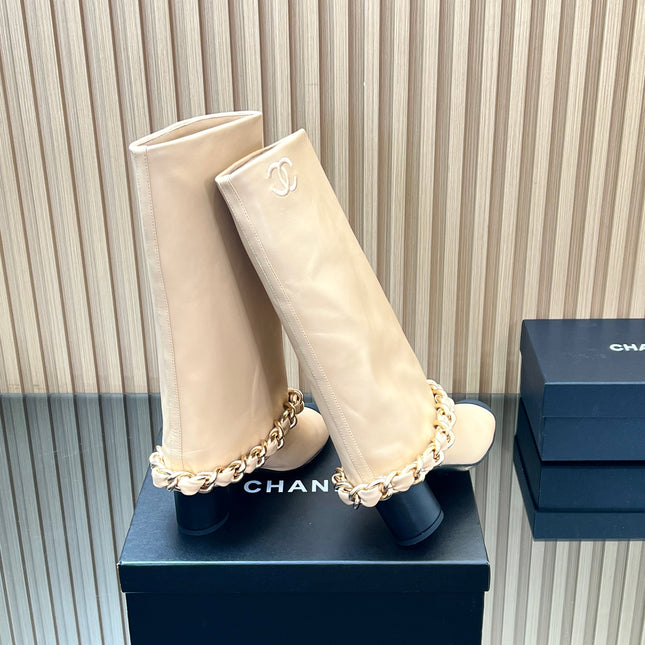 CHANEL 25S HIGH BOOTS 65MM IN BEIGE CALFSKIN GOLD HARDWARE