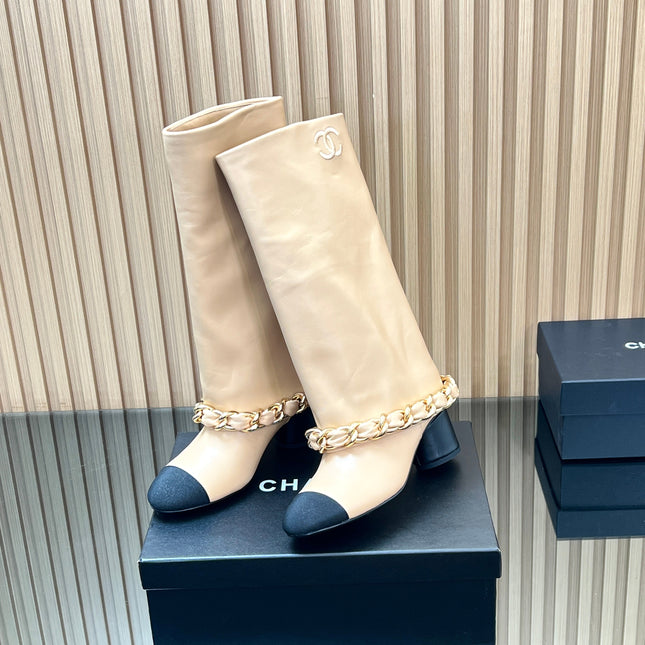 CHANEL 25S HIGH BOOTS 65MM IN BEIGE CALFSKIN GOLD HARDWARE