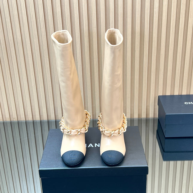CHANEL 25S HIGH BOOTS 65MM IN BEIGE CALFSKIN GOLD HARDWARE