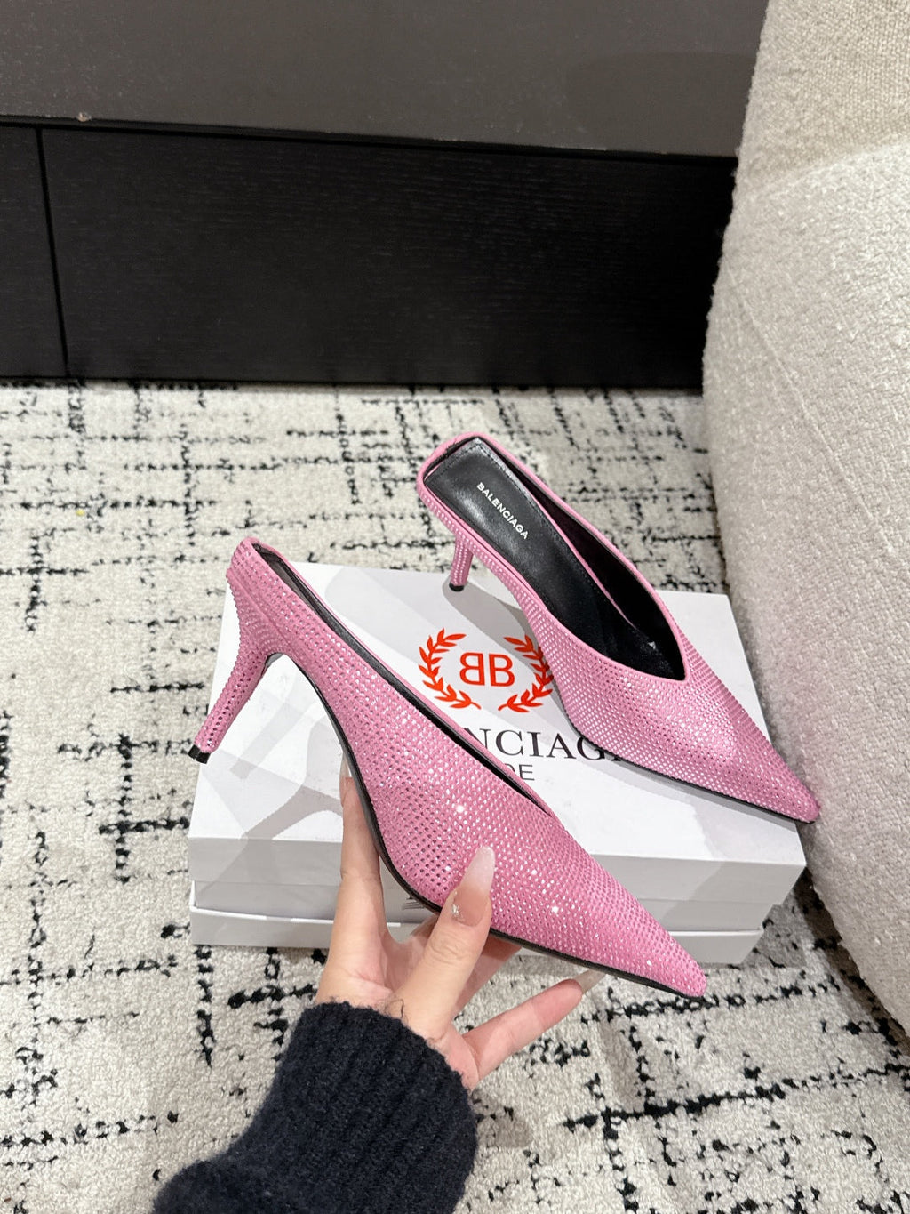 KNIFE 65MM HIGH MULE IN SHOCKING PINK SUEDE ATTACHED FULL CRYSTALS