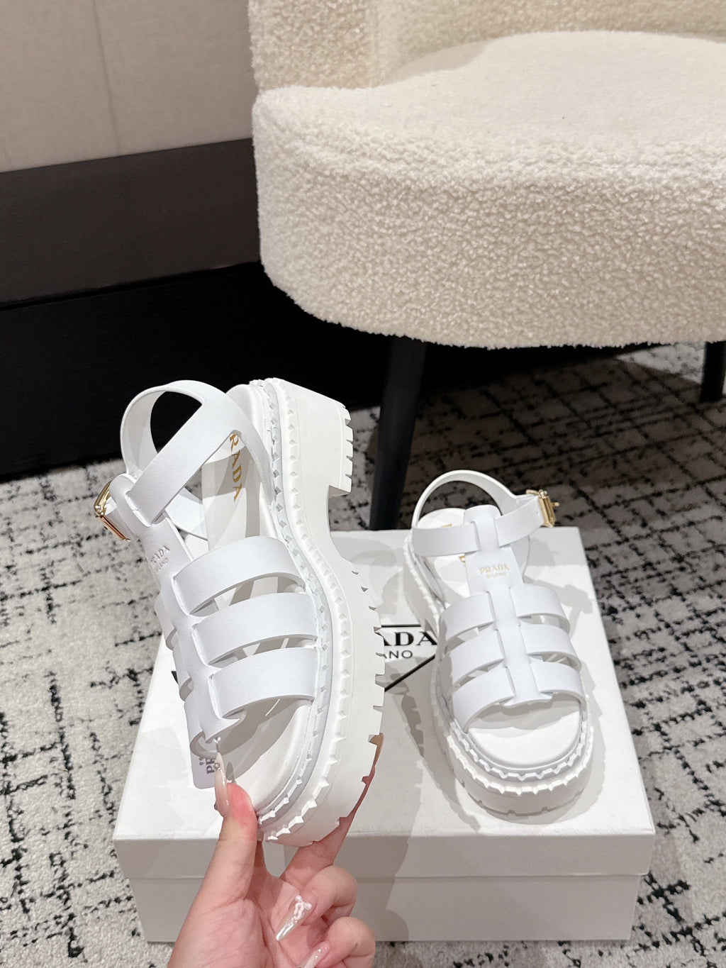 PRADA 25S FISHERMAN OPEN TOE SANDALS IN WHITE CALFSKIN
