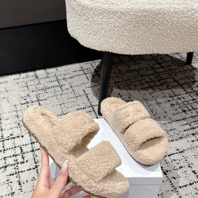 CELINE 25S SLIDES TRIOMPHE IN BIEGE SPONGE FABRIC