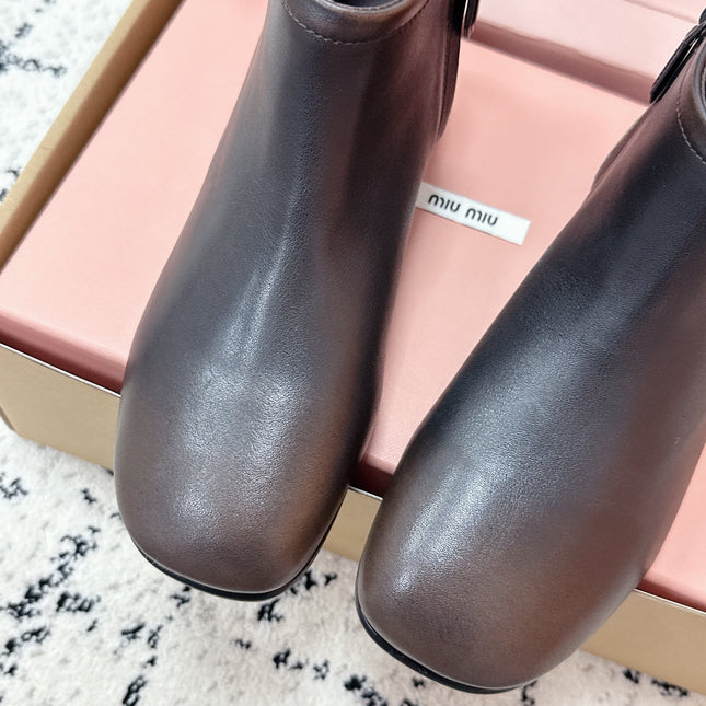 MIUMIU 26S BOOTIES IN DARK BROWN  FUME CALFSKIN