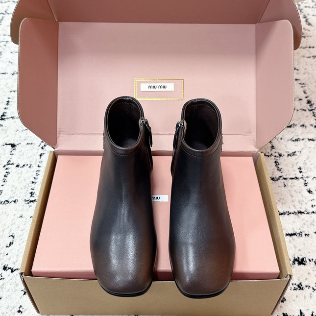 MIUMIU 26S BOOTIES IN DARK BROWN  FUME CALFSKIN