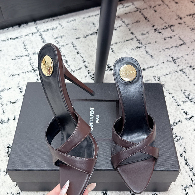 YSL 26S HEELED SANDALS 95 MM IN WINE BROWN CALFSKIN WITH CROSS STRAP