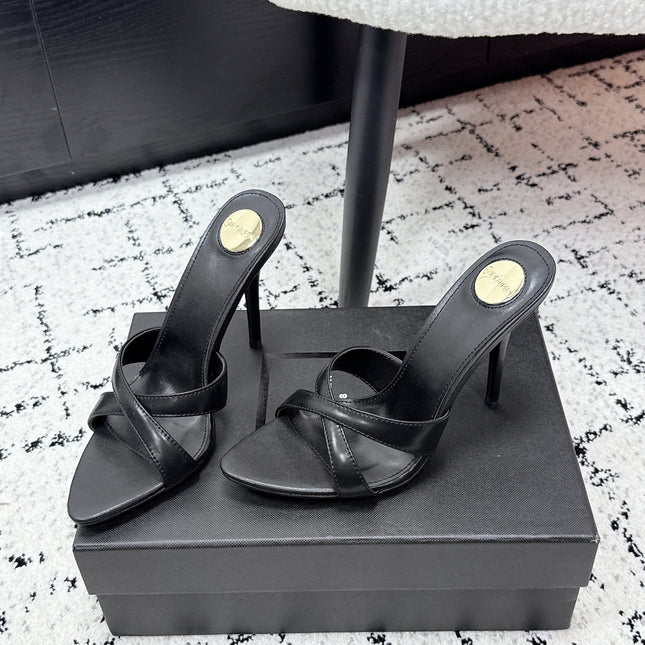 YSL 26S HEELED SANDALS 95 MM IN BLACK CALFSKIN WITH CROSS STRAP