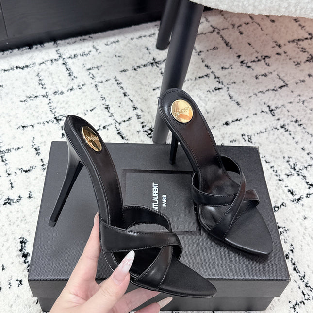 YSL 26S HEELED SANDALS 95 MM IN BLACK CALFSKIN WITH CROSS STRAP
