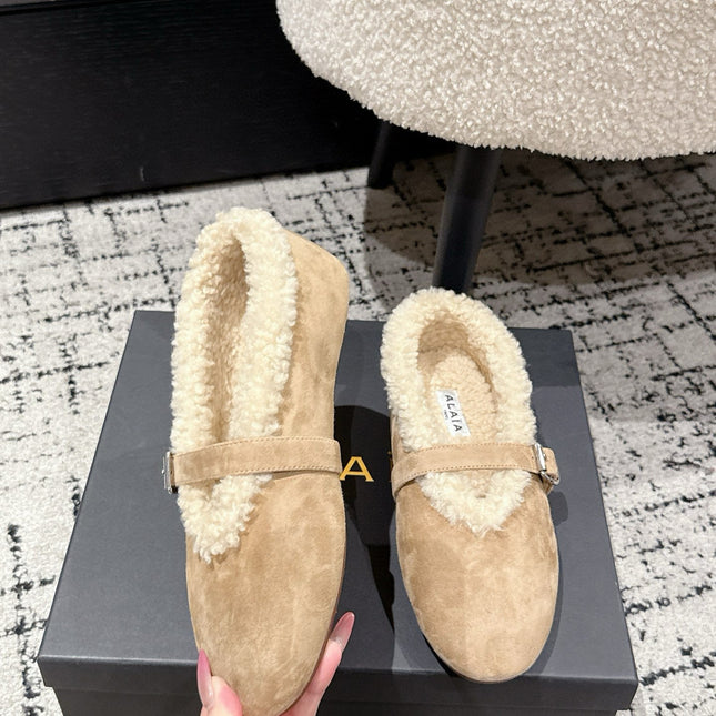 ALAIA 26S  BALLET FLATS IN DARK BEIGE SUEDE AND WOOL