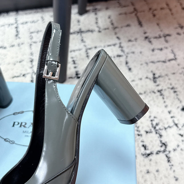 PRADA 26S SLINGBACK PUMPS 70MM IN STEEL GRAY PATENT CALFSKIN