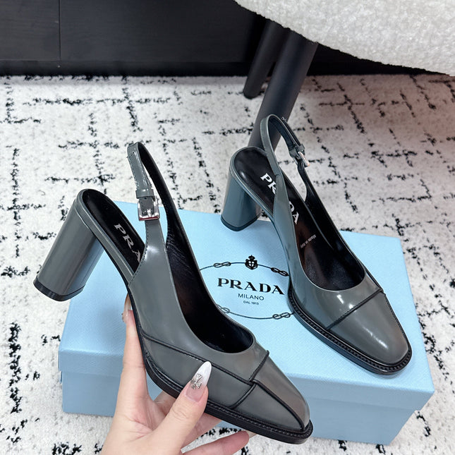 PRADA 26S SLINGBACK PUMPS 70MM IN STEEL GRAY PATENT CALFSKIN