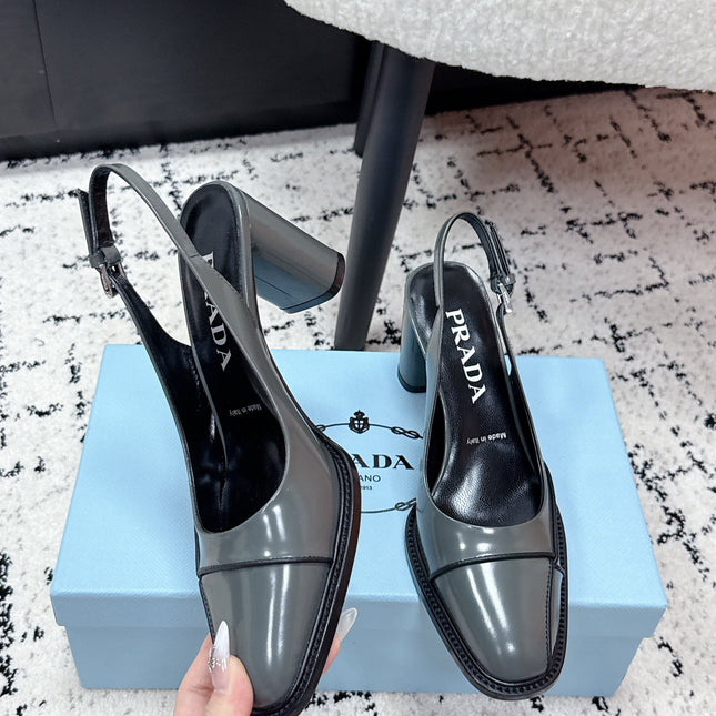 PRADA 26S SLINGBACK PUMPS 70MM IN STEEL GRAY PATENT CALFSKIN