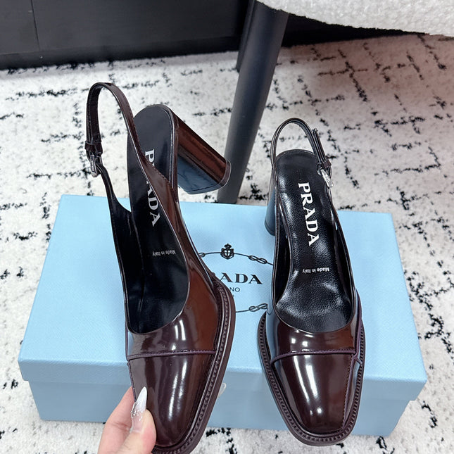 PRADA 26S SLINGBACK PUMPS 70MM IN DARK BROWN PATENT CALFSKIN