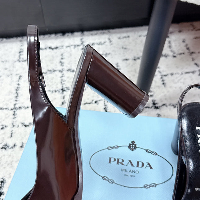 PRADA 26S SLINGBACK PUMPS 70MM IN DARK BROWN PATENT CALFSKIN
