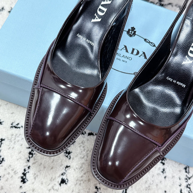 PRADA 26S SLINGBACK PUMPS 70MM IN DARK BROWN PATENT CALFSKIN