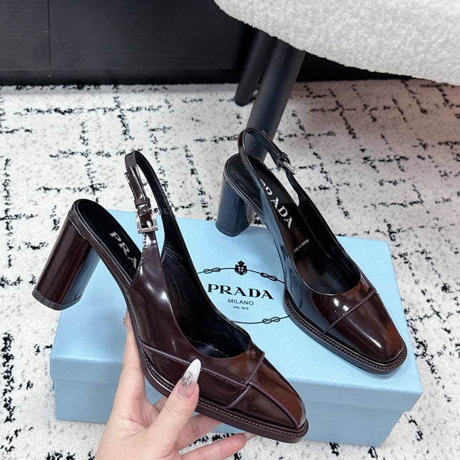 PRADA 26S SLINGBACK PUMPS 70MM IN DARK BROWN PATENT CALFSKIN
