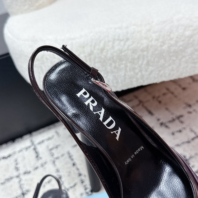 PRADA 26S SLINGBACK PUMPS 70MM IN DARK BROWN PATENT CALFSKIN