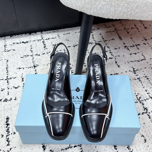 PRADA 26S SLINGBACK PUMPS 70MM IN BLACK SHINY CALFSKIN