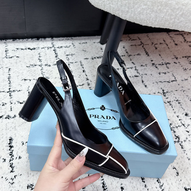 PRADA 26S SLINGBACK PUMPS 70MM IN BLACK SHINY CALFSKIN
