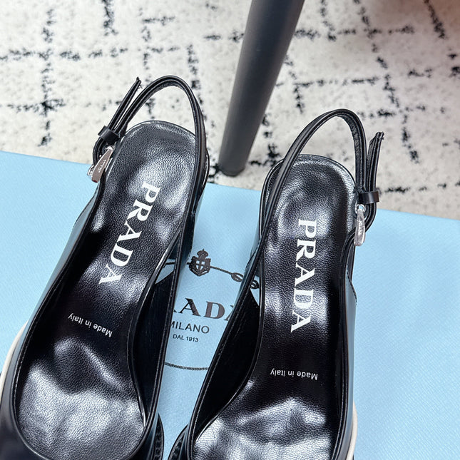PRADA 26S SLINGBACK PUMPS 70MM IN BLACK SHINY CALFSKIN